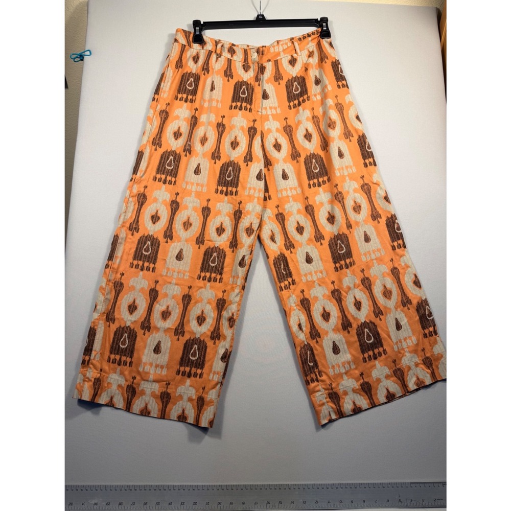Bombay Paisley Womens Orange Ikat Wide Leg Crop Pants High Rise Boho Size S